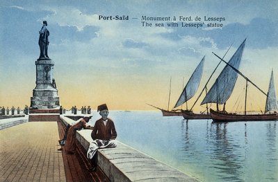 Port Said Postcard. Monument Dedicated to Fernand de Lesseps with Views of the Port and the Sea. Around 1900 (Postcard) by French School
