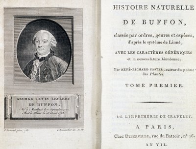 Portrait of Buffon and the title page of Natural History of Buffon classified by orders, genera and species, according to the Linnaeus system by French School
