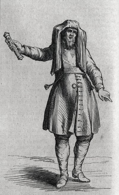 Portrait of a Jewish man holding the Mezuzoth. Engraving in 