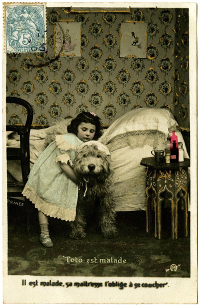 Postcard: Toto is Sick, His Mistress Forces Him to Go to Bed by French School