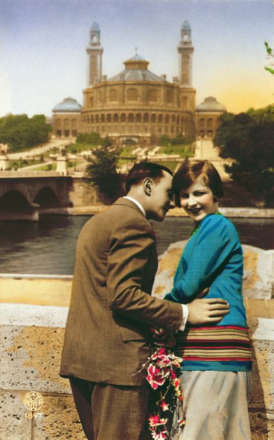 Postcard depicting lovers in Paris beside the Seine, c.1930 by French School