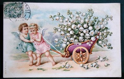 Postcards Depicting Cherubs Pulling a Chariot Laden with Lily of the Valley by French School