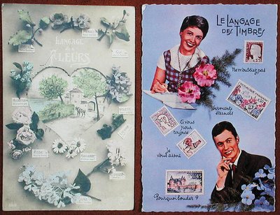 Postcards Depicting the Language of Flowers and of Stamps by French School
