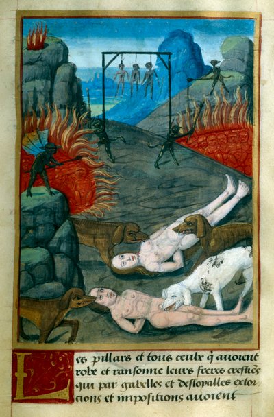 Punishment reserved for thieves and looters in Hell, they are hanged, burned and devoured by dogs. Miniature from Le Tresor de Sapience by Jean Gerson. 15th century Chantilly, Musee Conde by French School