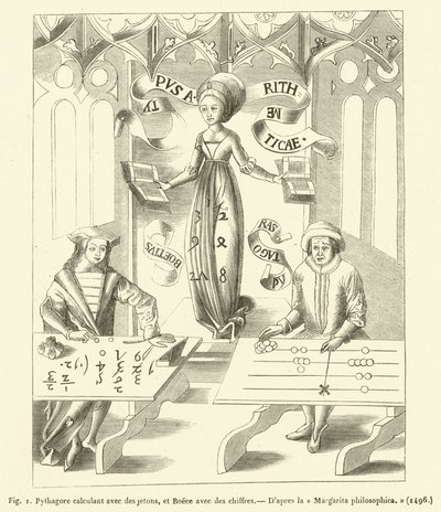 Pythagoras Calculating with Counters, and Boethius with Numbers (engraving) by French School