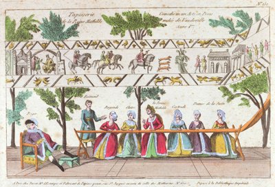 Queen Mathilda and her servants weaving the Bayeux Tapestry, scene from a Vaudeville performance by French School