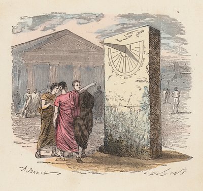 Reading time using a sundial in ancient times by French School