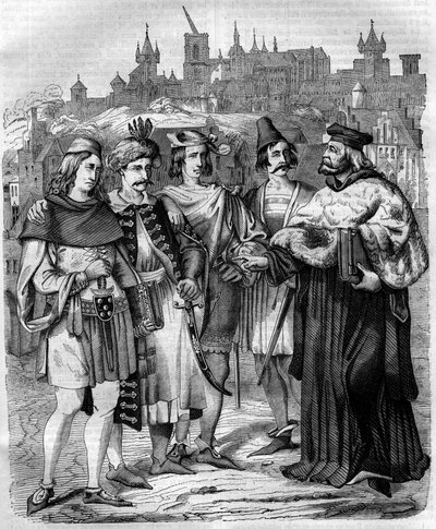 Rector and students of various nations at the University of Prague in the 17th century. Engraving from 1852. by French School