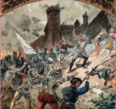 Religious wars: the Huguenots seized the castle of Dampierre in 1567. Chromolithography of the late 19th century by French School
