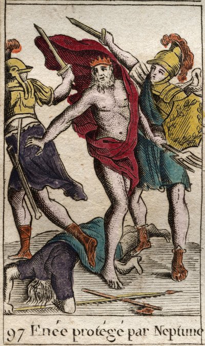 Representation of Aeneas, protected by Neptune, departing the fight against Achilles. From “Mythology of Youth” by Pierre Blanchard 1803. by French School