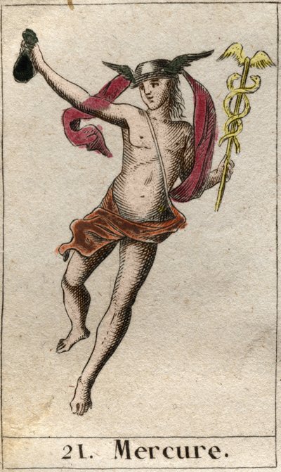 Representation of Mercury, god of trade, travel and messenger of other gods. He holds a caduceus, and wears a petasos. From “Mythology of Youth” by Pierre Blanchard 1803 by French School