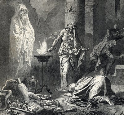 Representation of the Witch of Endor, a Canaanite village mentioned in the first book of Samuel (Bible) which has a talisman with which she calls the ghost of the prophet Samuel recently deceased, at the request of Saul, king of Israel by French School