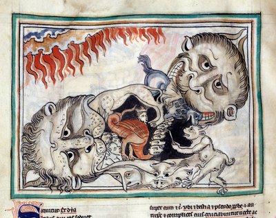 Representations of the creatures of the underworld beating the damned. Miniature taken from 