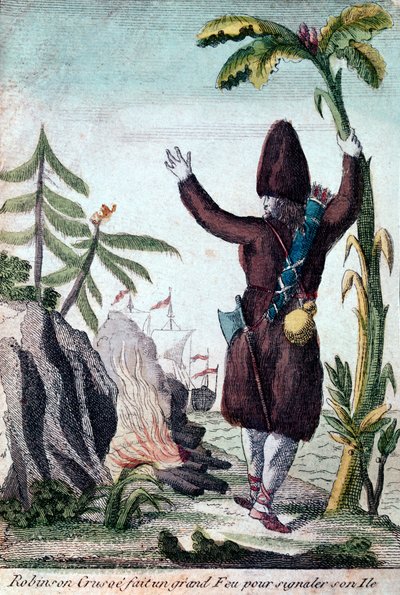 Robinson Crusoe makes a fire to draw attention to his island, Imagerie Basset by French School