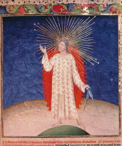 God surrounded by fire with a pair of compasses, from the Bible Historiale by Guyart des Moulins, c.1411 by French School