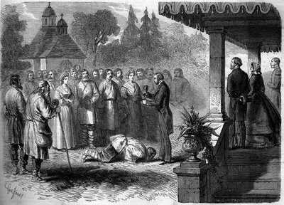 Russian custom: ceremony of emancipation of a serf. As a sign of submission, the freed serf kisses his lord