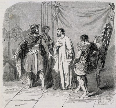 Saint Eloi and Dagobert: Dagobert was amazed when Eloi introduced him the second armchair - engraving, 19th century by French School
