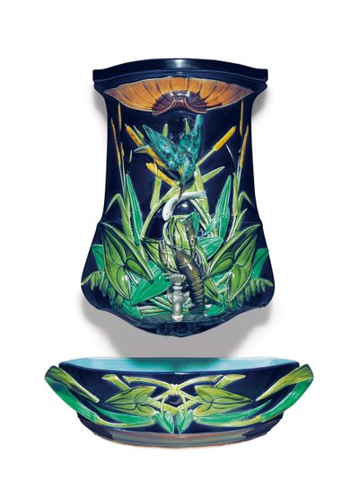 Sarreguemines cobalt blue ground wall cistern and basin by French School