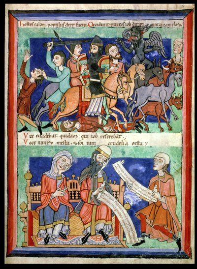 Satan armed with a torch killing two shepherds and their flock and a shepherd announcing the news to Job, from Moralia in Job by Pope Gregory the Great by French School