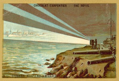Searchlights from a shore battery illuminating a fleet of warships, Spanish-American War by French School