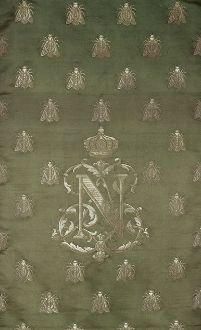 Section of green and gold damask with the emblem and royal crest of Napoleon III by French School