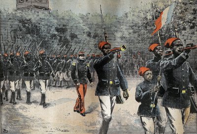 Senegalese Tirailleurs returning from the African exploration mission of Commander Jean-Baptiste Marchand, commanded by Captain Mangin preparing for the review of July 14 by French School