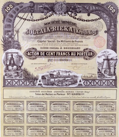 Share certificate for 100 francs for the Franco-Russian Joltaia-Rieka mining company, 1899 by French School