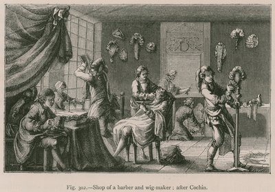 Shop of a Barber and Wig-Maker; after Cochin by French School