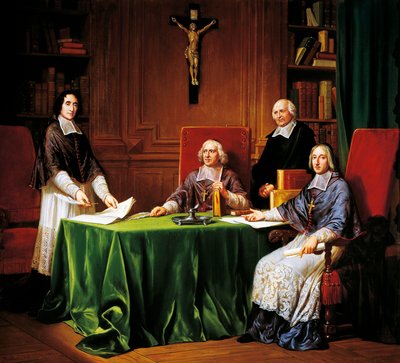 Signing Articles of Issy conference held in 1697 between Jacques Benigne Bossuet, Louis-Antoine Noailles, Francois Fenelon by French School