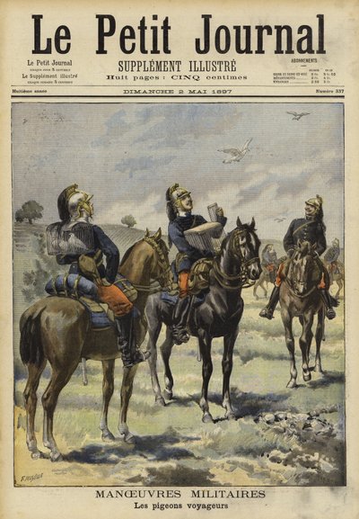 Soldiers using carrier pigeons on military manoeuvres, Soissons, France by French School