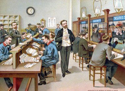 Sorting the Post in a Parisian Post Office, illustration from a Post Office calendar, 1904 by French School