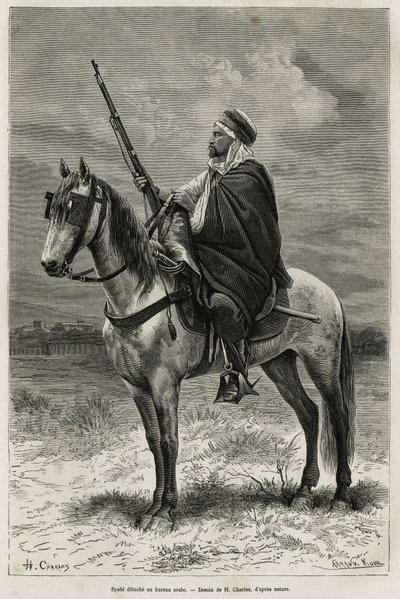Spahi, efficient rider and dread contributing to the conquest of Algeria, at the service of France. Engraving after a drawing by H. Charles, to illustrate the story Tebessa and its monuments (Algeria), by A. Heron de Villefosse by French School