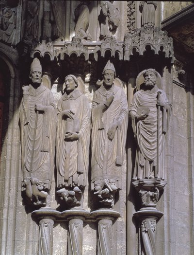 St. Martin, St. Jerome, St. Gregory and St. Avitus, jamb figures of the Confessors from the east portal of the south porch, early 13th century by French School