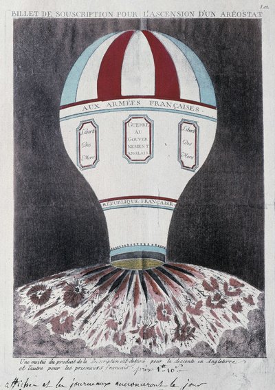 Subscription ticket for the rise of an aerostat to invade England, early 19th century by French School
