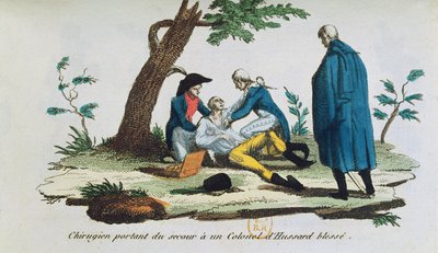 Surgeon operating on a colonel of the hussars on the battlefield by French School