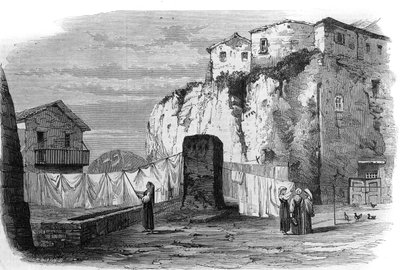Tarpeian rock near the Capitol in Rome. Place of execution of the capital until the end of the Republic: criminals sentenced to death were precipitated from the cliff. Engraving after a drawing by M. Mariani in 