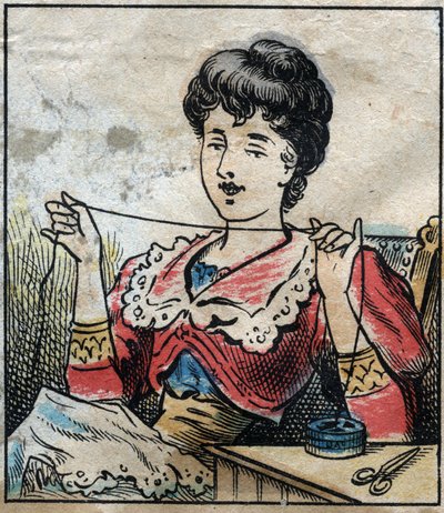 Textile, linen. Woman using capsules to use sewing threads by French School