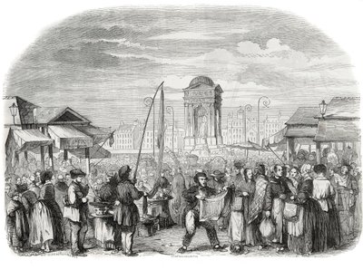 The Innocents march in Paris with the fountain - Engraving in 