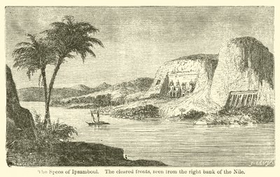 The Speos of Ipsamboul, the cleared fronts, seen from the right bank of the Nile by French School