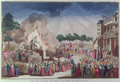 The Statue of Atheism being destroyed and replaced with the Statue of Wisdom at the Festival of the Supreme Being, Jardin National des Decorations, Paris, 8th July 1794 by French School