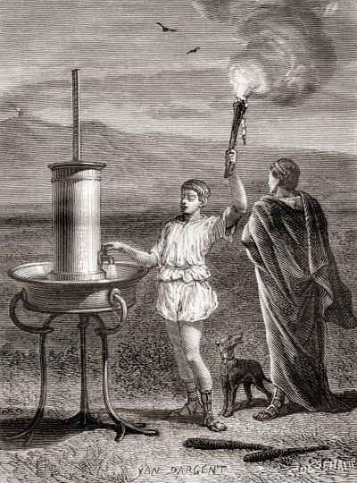 The ancient Greek hydraulic semaphore system being used by Aeneas to send a message, 4th century BC, from Les Merveilles de la Science, published c.1870 by French School