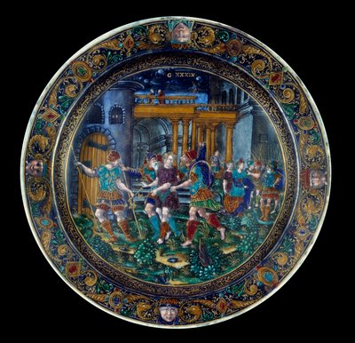 The imprisonment of Saint Joseph. Plate in enamel coloured produced in Limoges in the 16th century. Paris, Louvre Museum by French School