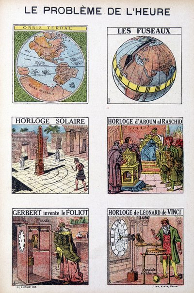 The problem of the time: Orbis Terrea, the spindle, solar clock, clock of Aroum Al Racshid, Gerbert invents the Foliot, clock of Leonardo da Vinci - engraving, early 20th century by French School