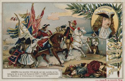 Trade card with an image depicting the Battle of Villaviciosa by French School