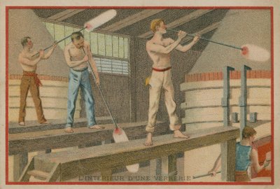 Trade Card with an Image of the Interior of a Glassworks by French School