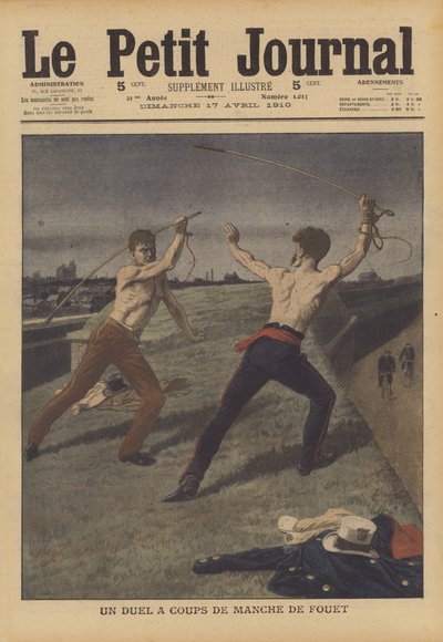 Two cab drivers fighting a duel with their horsewhips by French School