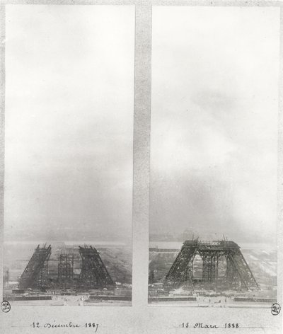 Two views of the construction of the Eiffel Tower, Paris, 12th December 1887 and 15th March 1888 by French School