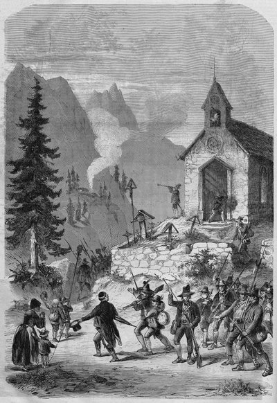 Tyrol, scene of the return of the Tyrolean troops of the Austrian army, in October 1866. Engraving by French School