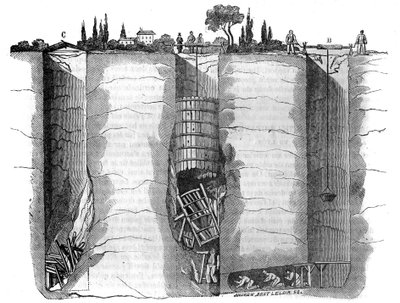 Cutting the well and the rescue wells used to unlock a sump worker remains stuck after a landslide for several days, Champvert, near Lyon. In 