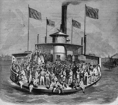 View of a steamer making connections between the islands and the city of New York. Engraving by French School